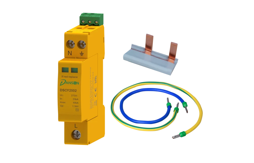SURGE PROTECTION DEVICE KIT INCLUDE DSCY251N2R, TWO MODULE BUSBAR, 6 mm2 x 480 mm GREEN/YELLOW CABLE and 6 mm2 x 310 mm BLUE CABLE