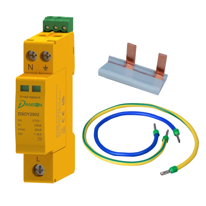 SURGE PROTECTION DEVICE KIT INCLUDE DSCY251N2R, TWO MODULE BUSBAR, 6 mm2 x 480 mm GREEN/YELLOW CABLE and 6 mm2 x 310 mm BLUE CABLE